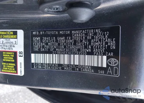 2012 Toyota Corolla L z USA, uszkodzony, nr VIN 2T1BU4EE4CC793550